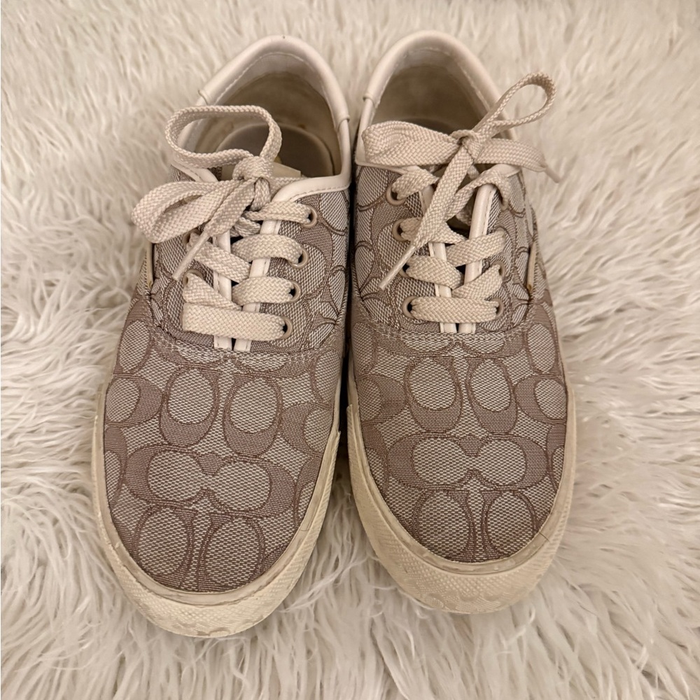 Coach Monogram Lace-Up Sneakers in Neutral Tan